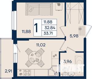 1-к квартира, вторичка, 34м2, 2/18 этаж