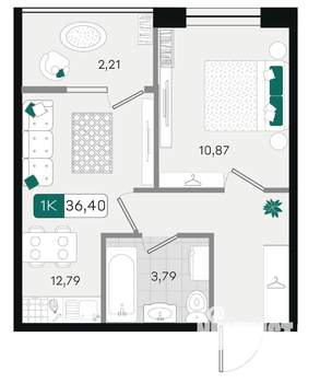 1-к квартира, вторичка, 36м2, 13/18 этаж