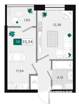 1-к квартира, вторичка, 33м2, 8/18 этаж