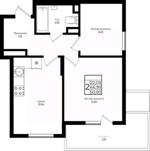 2-к квартира, вторичка, 51м2, 9/10 этаж
