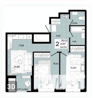 2-к квартира, вторичка, 68м2, 11/18 этаж