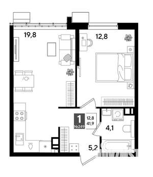 1-к квартира, строящийся дом, 42м2, 9/19 этаж
