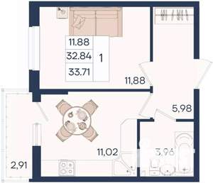 1-к квартира, вторичка, 34м2, 2/18 этаж