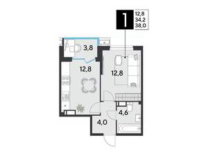 1-к квартира, строящийся дом, 38м2, 18/18 этаж