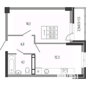 1-к квартира, вторичка, 39м2, 9/15 этаж
