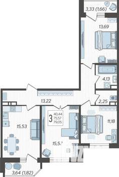 3-к квартира, строящийся дом, 80м2, 19/23 этаж