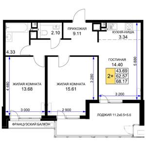 2-к квартира, вторичка, 68м2, 15/16 этаж