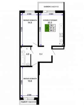 2-к квартира, вторичка, 62м2, 6/16 этаж