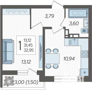 1-к квартира, вторичка, 33м2, 12/16 этаж