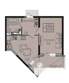 1-к квартира, вторичка, 38м2, 9/20 этаж