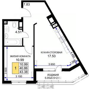 1-к квартира, вторичка, 43м2, 16/18 этаж