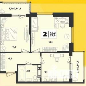 2-к квартира, вторичка, 54м2, 6/9 этаж