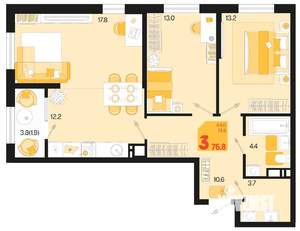 3-к квартира, строящийся дом, 75м2, 13/18 этаж