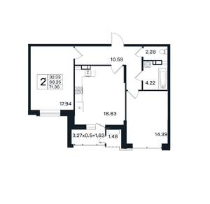 2-к квартира, вторичка, 71м2, 9/12 этаж