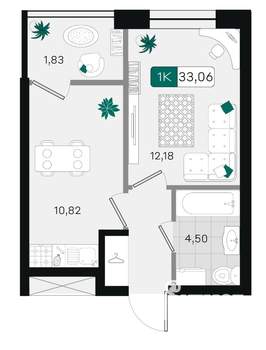 1-к квартира, вторичка, 33м2, 2/18 этаж