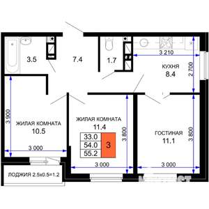 3-к квартира, строящийся дом, 55м2, 11/16 этаж