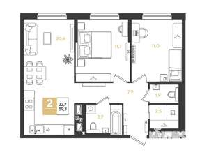 2-к квартира, строящийся дом, 59м2, 8/9 этаж