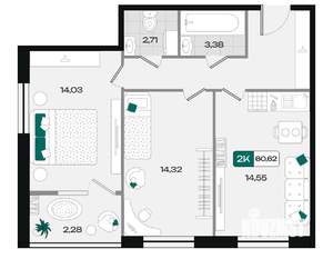 2-к квартира, вторичка, 61м2, 2/18 этаж