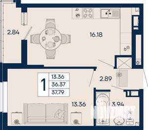 1-к квартира, вторичка, 38м2, 6/18 этаж