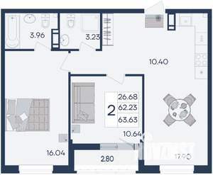 2-к квартира, вторичка, 64м2, 9/18 этаж