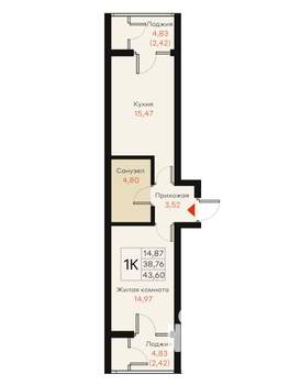 1-к квартира, вторичка, 44м2, 3/18 этаж