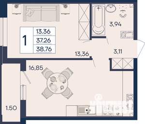1-к квартира, вторичка, 39м2, 3/18 этаж