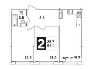 2-к квартира, вторичка, 56м2, 13/16 этаж