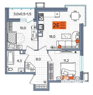 2-к квартира, сданный дом, 53м2, 7/16 этаж
