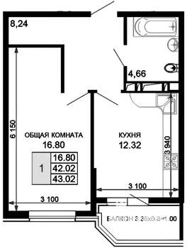 1-к квартира, вторичка, 44м2, 9/15 этаж