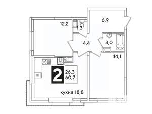 2-к квартира, вторичка, 61м2, 14/16 этаж