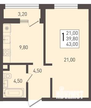 1-к квартира, вторичка, 43м2, 1/8 этаж