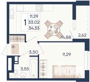 1-к квартира, вторичка, 34м2, 3/18 этаж