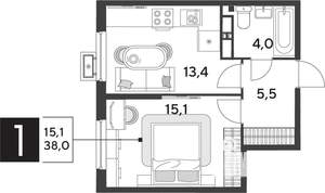 1-к квартира, строящийся дом, 38м2, 14/18 этаж