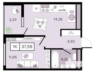 1-к квартира, вторичка, 38м2, 4/8 этаж