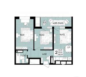 2-к квартира, вторичка, 57м2, 3/18 этаж