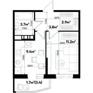 1-к квартира, строящийся дом, 33м2, 6/9 этаж