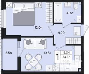 1-к квартира, вторичка, 36м2, 2/8 этаж