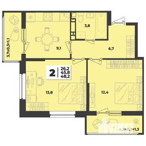 2-к квартира, строящийся дом, 48м2, 7/9 этаж