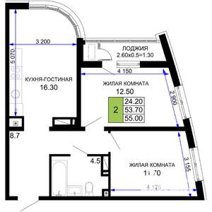 2-к квартира, вторичка, 55м2, 12/18 этаж
