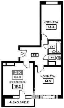 2-к квартира, вторичка, 63м2, 9/24 этаж