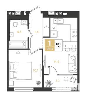 1-к квартира, вторичка, 37м2, 3/18 этаж