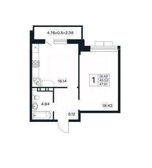 1-к квартира, вторичка, 48м2, 6/12 этаж