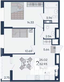 2-к квартира, вторичка, 54м2, 3/18 этаж