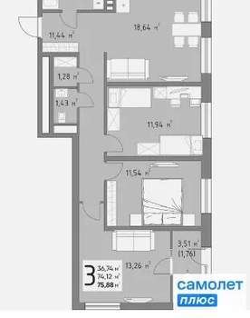 3-к квартира, вторичка, 76м2, 5/15 этаж