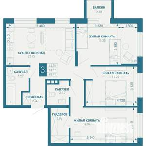 3-к квартира, строящийся дом, 84м2, 3/9 этаж