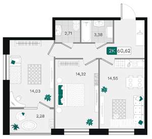 2-к квартира, вторичка, 61м2, 2/18 этаж