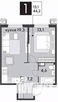 1-к квартира, строящийся дом, 44м2, 8/18 этаж