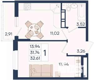 1-к квартира, вторичка, 33м2, 12/18 этаж