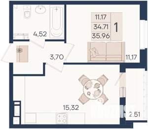 1-к квартира, вторичка, 36м2, 3/18 этаж