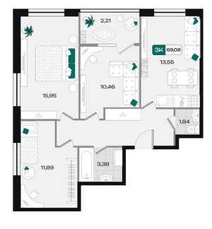 3-к квартира, вторичка, 69м2, 8/18 этаж